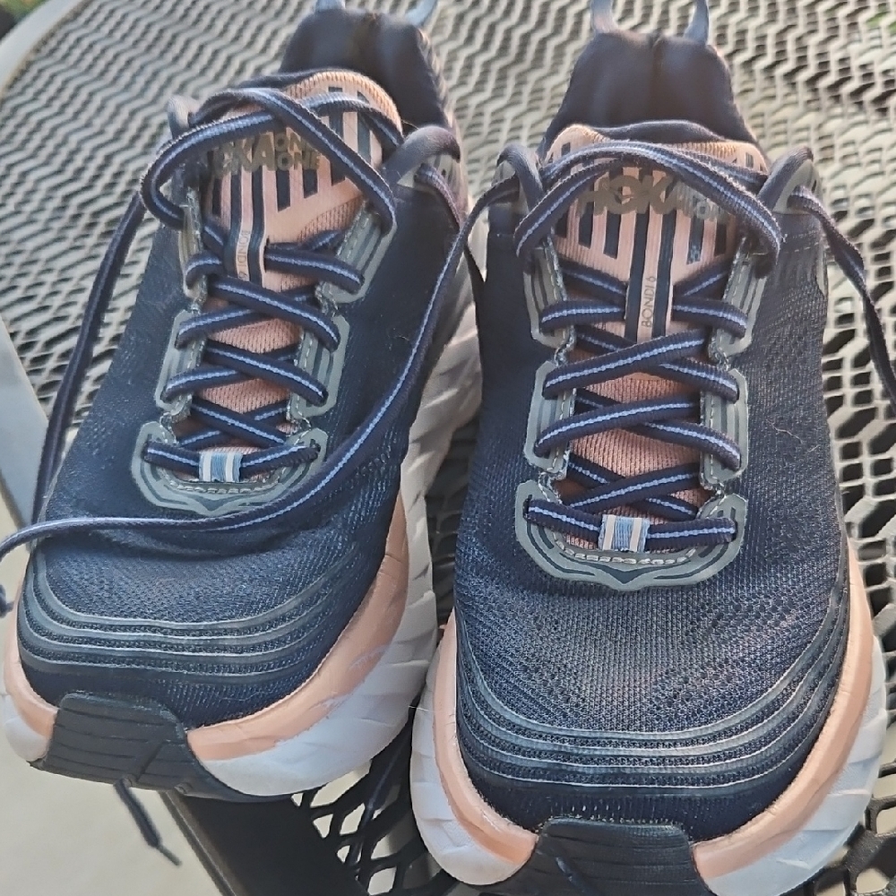 Hoka Navy and Peach Running Shoes